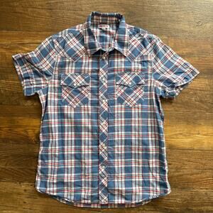 True Religion Mens Medium Plaid Western Shirt Blue Red Snap Button EUC
